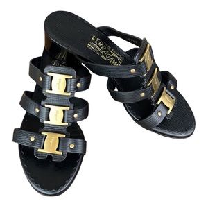 Ferragamo Kitten Heel Leather Sandal / Slide - Size 6.5 B /E31 Style # DL34594